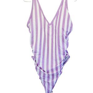 NWT TARGET KONA SOL PURPLE WHITE STRIPED ONE PIECE V NECK ADJ STRAP SWIMSUIT 14W